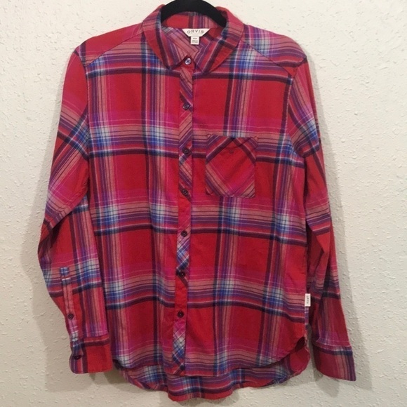 Orvis Red Plaid Long Sleeve Cotton Blend Button Up Shirt size M - Picture 1 of 9
